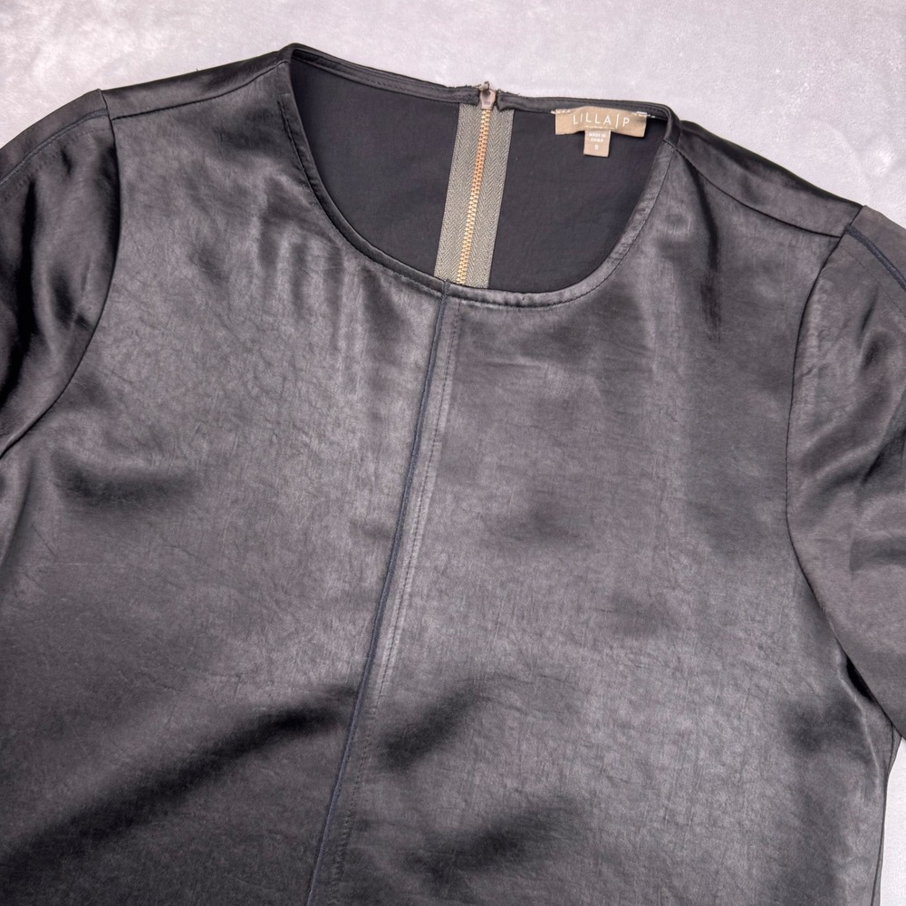 Lilla P Womens Black Satin Like Shift Dress SS Exposed Back Zipper Size S